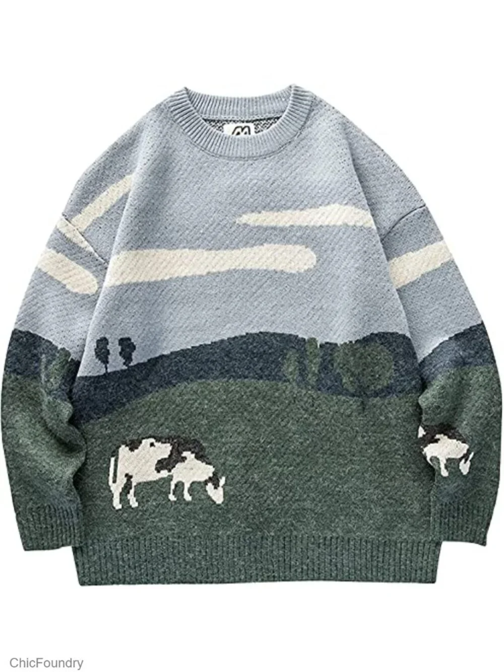 Men Oversized Cable Knit Pullover Graphic Sweater Crewneck Cute Y2K Unisex - Picture 1 of 5